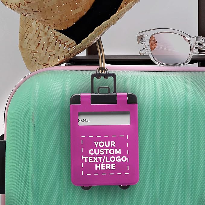 50 Mini Carry-on Luggage Tags Pack - Customizable Text, Logo - Flip Open Cover, ID Sticker - Purple