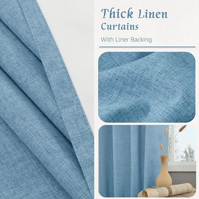 LAMIT 100% Blackout Linen Curtains, 72 Inches Linen Textured Thermal Bedroom Curtains Back Tab and Rod Pocket Neutral Panels with White Liner for Boys' Room, 2 Panels, 52 x 72 Inch, Blue