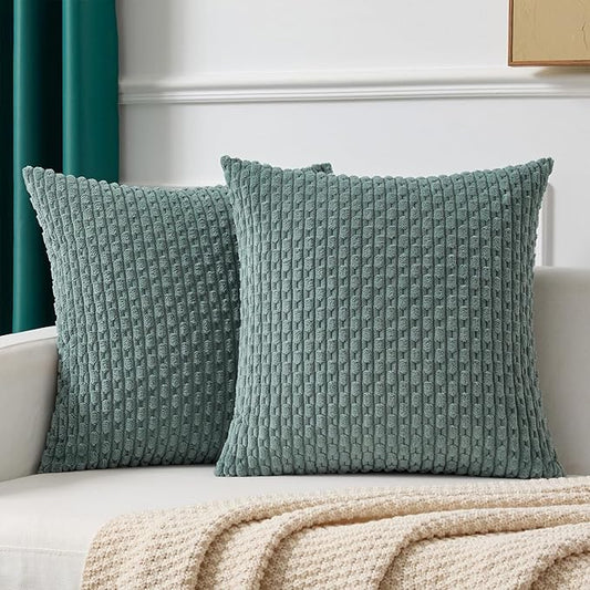 Kevin Textile Decorative Pillow Covers Set of 2 Striped Plush Corduroy Pillows Pillowcases Boho Home Decor Cushion Covers for Couch Sofa Bed Living Room 16x16 Inch, Teal Green