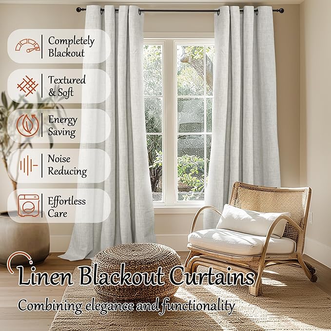 Lajode 100% Blackout Curtains for Living Room 84 Inch Length 2 Panels Set, Thermal Insulated Light Blocking Boho Faux Linen Window Curtains for Bedroom, Bronze Grommet, Each 52" Wide, Light Grey
