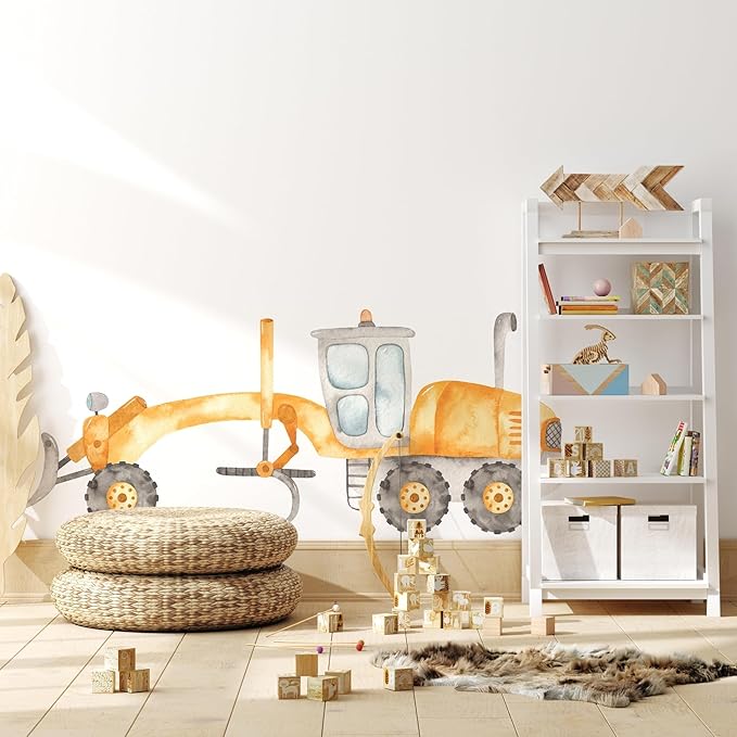 Construction Grader Ground Leveling Machine Tractor Wall Decal for Boys Room, Peel Stick Removable Fabric Wall Sticker, Nursery or Playroom Decor, Repositionable (36 inch: 15" Tall x 36" Wide)