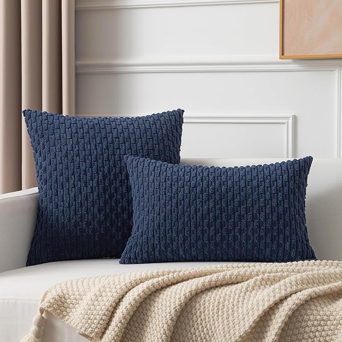 Kevin Textile Pillow Covers Decorative Set of 2 Striped Corduroy Plush Velvet Pillowcases Cushion Cover for Couch 16x16 Inch Navy Blue
