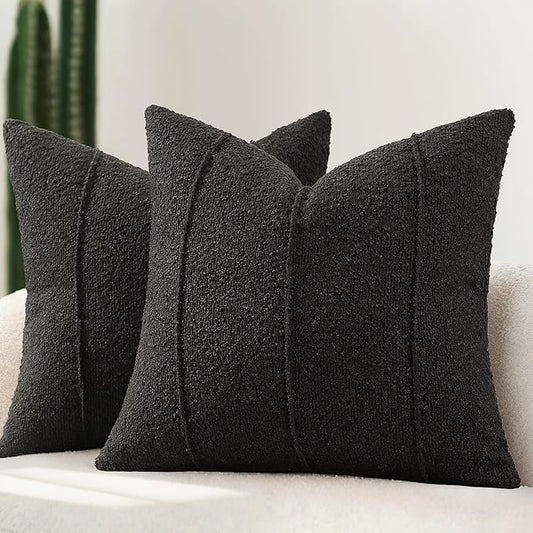 YCOLL Textured Boucle Throw Pillow Covers 20x20 Pack of 2 - Soft Neutral Striped Cushion Covers, Cozy Accent Decorative Pillow Covers for Couch, Sofa, Bed, Living Room (Black)