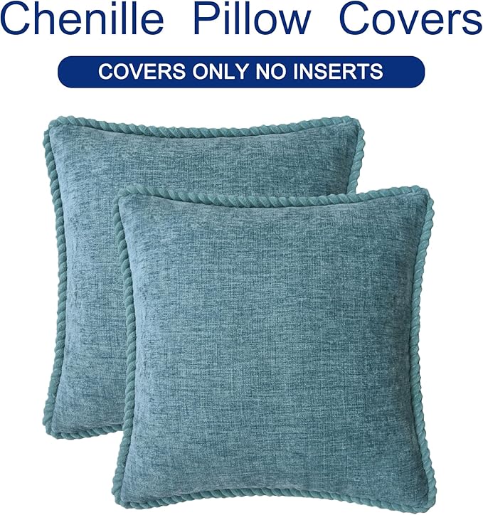 CaliTime Decorative Couch Throw Pillow Covers 16 X 16 Inches Pack of 2 Cozy Chenille Piping Edge Cushion Cases for Sofa Bed Living Room Home Smoke Blue