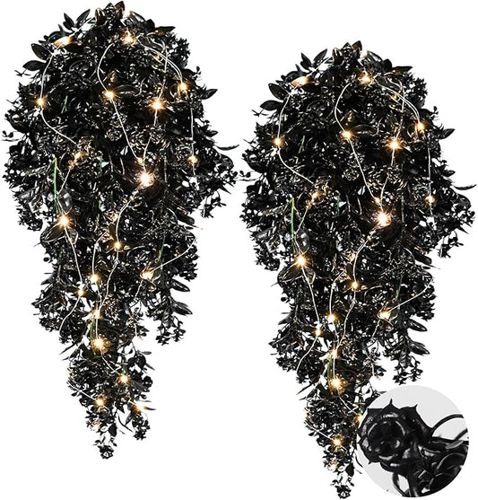 RECUTMS Black Fake Hanging Plants Realistic Artificial Hanging Plants Outdoor with LED String Lamps Hanging Leaves Vines Plastic Rose Flowers All Year Round Decor for Halloween (Black)