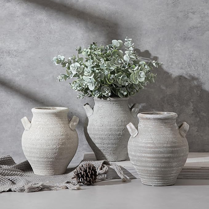 Ceramic White Flower Vase, 7.36 Inch Pottery Decorative Vase Rustic Farmhouse Vases for Home Decor Table Living Room Kitchen Bedroom Shelf Mantel Wedding Centerpiece