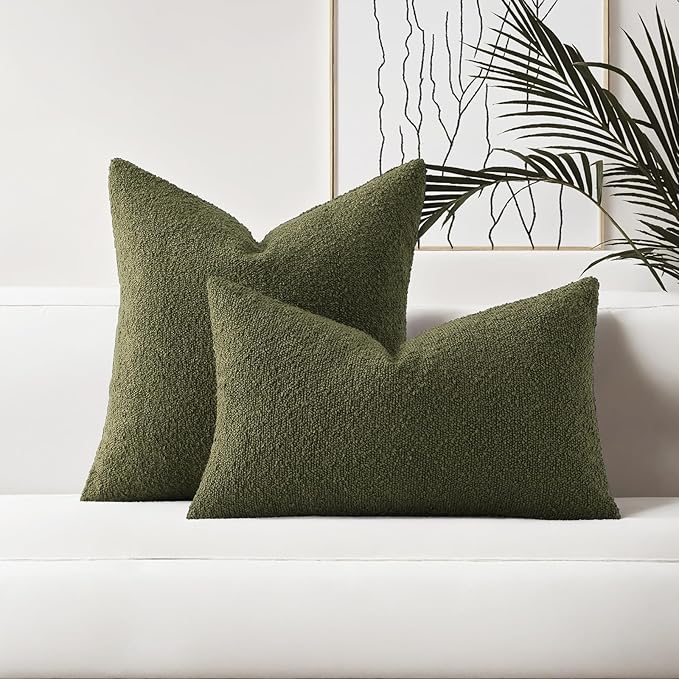 HAUSSY Set of 2 12x20 Decorative Throw Pillow Covers, Soft Cozy Textured Boucle Lumbar Pillow Cases, Home Decor for Couch Bed Living Room, Moss Green