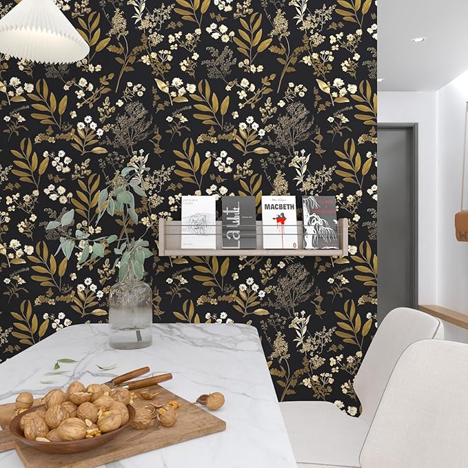 Gothic Wallpaper Peel and Stick Dark Floral Wallpaper 17.5in x 78.7in Vintage Leaf Contact Paper Vinyl Waterproof Self Adhesive Boho Botanical Wall Paper for Bedroom Cabinet Décor