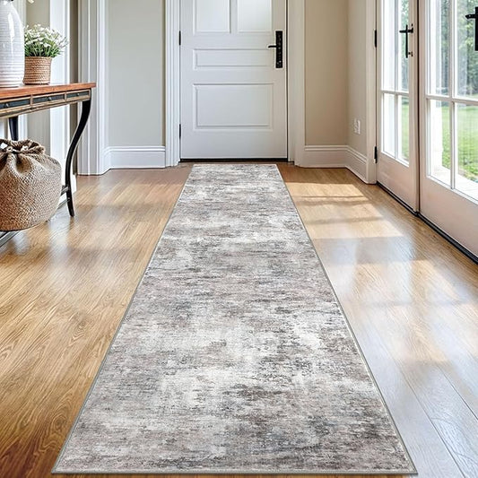Modern Abstract Runner Rug 2x12, Beige Grey Neutral Washable Long Kitchen Runner Non-Slip Soft Hallway Rug Runner Thin Print Faux Wool Carpet for Entryway Bedroom Laundry Room Indoor