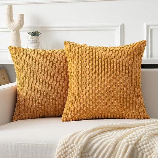 Kevin Textile Throw Pillow Covers Soft Corduroy Decorative Set of 2 Boho Striped Pillow Covers Pillowcases Farmhouse Home Decor for Couch Bed Sofa Living Room 24x24 Inch Golden Yellow