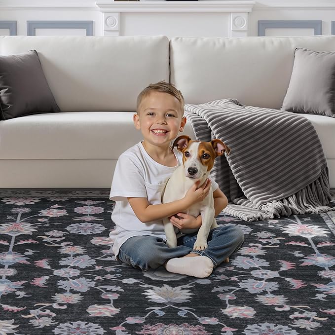Tangsoo Floral Area Rug 4x6 Machine Washable Rug Non-Slip Vintage Distressed Boho Print, Low Pile Carpet for Living Room, Bedroom, Dining Room, Pet & Child Friendly (Room Decor)