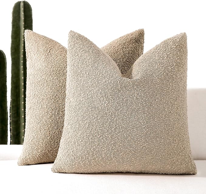Boucle Decorative Throw Pillow Covers for Couch Set of 2, 20x20 inches, Oatmeal