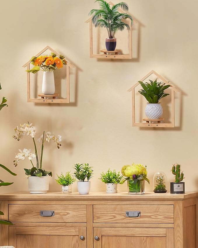 yadoker Wall Planters for Indoor Plants,Bamboo Hanging Plant Holders in a House Shape, Wall Decor Plant Stand, 3-Pack Window Plant Shelves for Living Room & Entryway