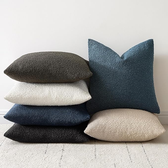 Woaboy Pack of 2 20x20 Inch Decorative Boucle Throw Pillow Covers Textured Square Pillowcaes Accent Solid Cozy Soft Cushion Covers Home Decor for Sofa Couch Living Room Home Decor,Dark Blue