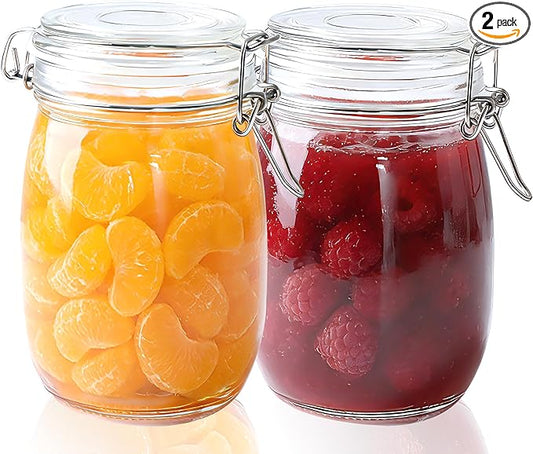 Airtight Glass Jar With Lids 32 OZ Wide Mouth Clear Storage Canisters 2 Pack Leakproof Food Storage Containers Glass Sealed Food Storage Jars With Metal Safety Buckle For Kitchen Pantry Organization