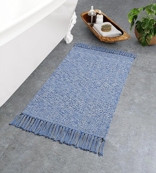 Collive Small Bathroom Rug, 2' x 3' Hand-Woven Low Profile Front Entryway Rug, Navy Blue Cotton Reversible Washable Kitchen Mat Modern Farmhouse Carpet for Foyer Bedroom Back Door Decor