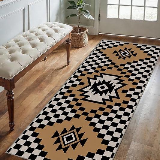 Western Aztec Long Hallway Rug Runners, 2x7ft, Modern Brown Diamond Check Area Carpet for Living Room, Easy Clean Fade Resistant Durable Foldable Pet Friendly Rugs for Front Door