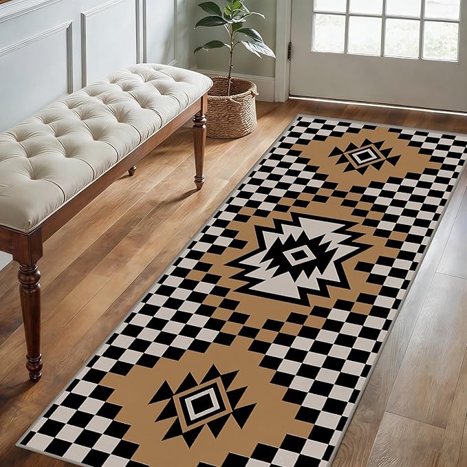 Western Aztec Long Hallway Rug Runners, 2.6x10ft, Modern Brown Diamond Check Area Carpet for Living Room, Easy Clean Fade Resistant Durable Foldable Pet Friendly Rugs for Front Door
