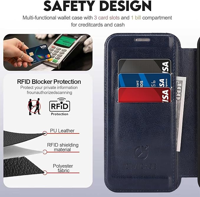 CIVICASE for iPhone 15 Wallet Case with Stand,PU Leather Flip Credit Card Holder Slots (RFID Blocking),Compatible with Magsafe Magnetic Holder Phone Cover Women Men, Blue