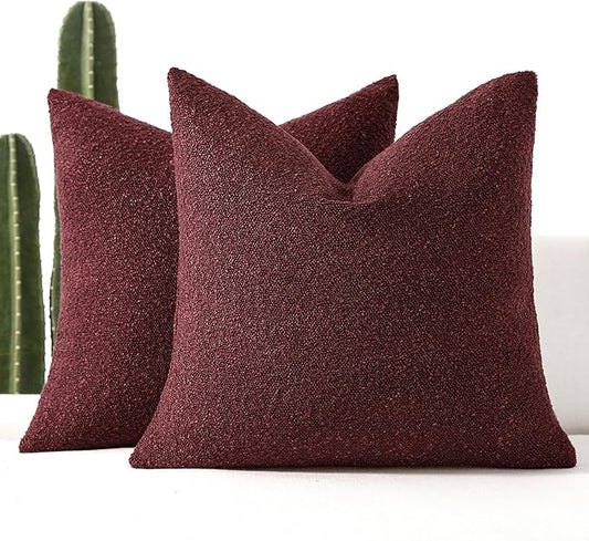 Boucle Decorative Throw Pillow Covers for Couch Set of 2, 16x16 inches, Burgundy