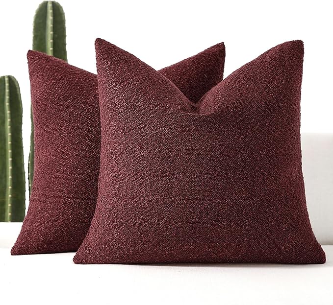 Boucle Decorative Throw Pillow Covers for Couch Set of 2, 18x18 inches, Burgundy