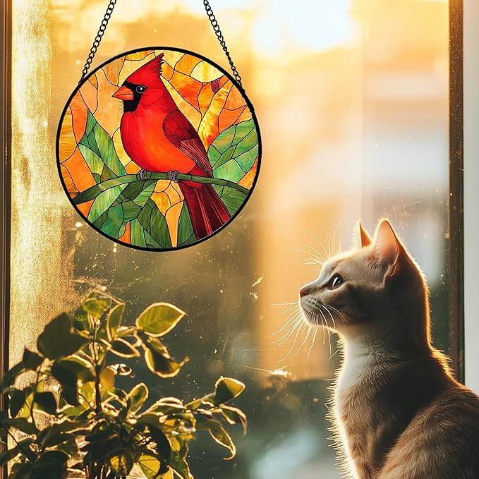 DASTOLL Stained Glass Window Hanging 4 Pcs Set Birds 9.8" - Cardinal Blue Jay Suncatcher Door Garden Sun Catcher Decor Birthday Christmas for Bird Lovers Mom Woman Nana Men