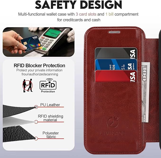 CIVICASE for iPhone 17 Wallet Case with Stand,PU Leather Flip Credit Card Holder Slots (RFID Blocking),Compatible with Magsafe Magnetic Holder Phone Cover Women Men,Dark Brown