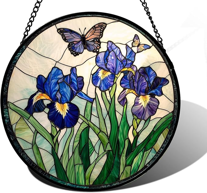 DASTOLL Stained Glass Window Hanging, Blue Purple Butterfly Flower Suncatcher Diamond Colorful Glass Panel Sun Catchers Decor for Birthday for Women, Men, Wife, Aunt, and Mom 6.3 in