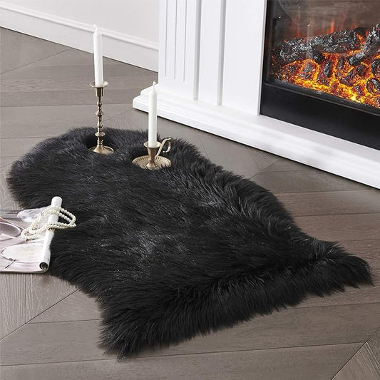 SERISSA Soft Faux Sheepskin Fur Rug Black Fluffy Area Rug Shag Rug Carpets for Bedroom Floor Living Room Decor 2 x 3 Feet