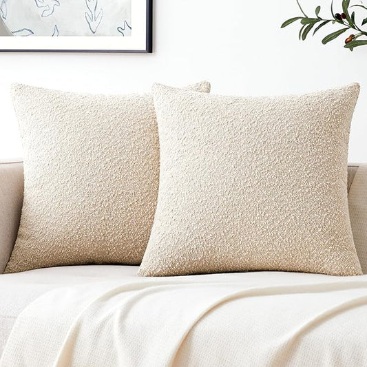 Mixhug Decorative Boucle Throw Pillow Covers, Beige, 18 x 18 Inches, Pack of 2 - Neutral Textured Boho Pillow Covers for Couch and Bed