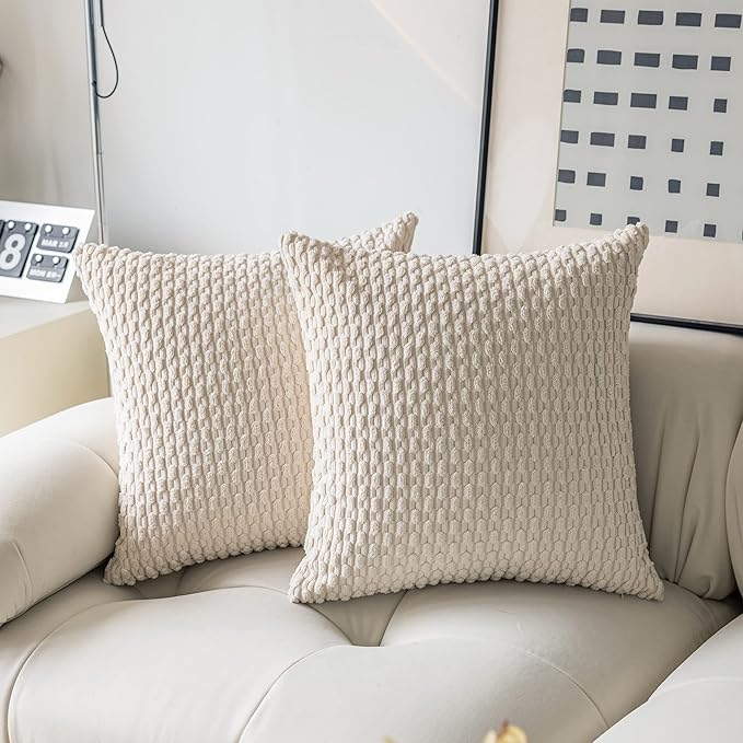 Kevin Textile Euro Sham Pillow Covers 28x28 Inch 2 Packs Soft Boho Striped Corduroy Decorative Throw Pillows for Living Room Couch Bed Sofa Rustic Farmhouse Home Decor 71x71cm Cream White