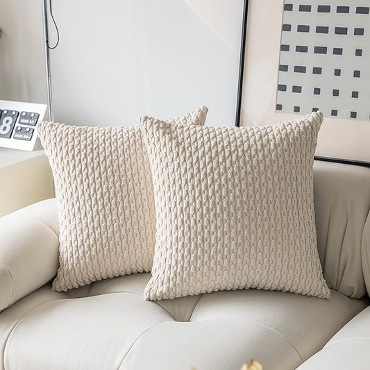Kevin Textile Euro Sham Pillow Covers 28x28 Inch 2 Packs Soft Boho Striped Corduroy Decorative Throw Pillows for Living Room Couch Bed Sofa Rustic Farmhouse Home Decor 71x71cm Cream White