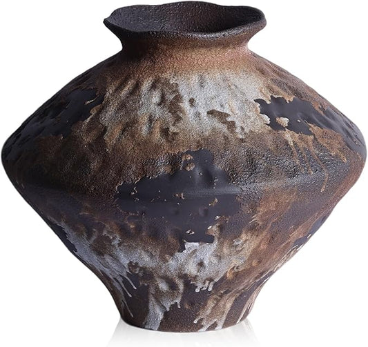 Wabi Sabi Rusty Vintage Vase, 11.4" Tall Wabi Sabi Decor Rustic Farmhouse Pottery Vase for Centerpiece, Textured Pottery Flower Vases for Home Decorative, Table, Living Room (Black Brown, Large)