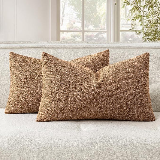 Woaboy Pack of 2 12x20 Inch Decorative Boucle Throw Pillow Covers Textured Lumbar Pillowcaes Accent Solid Cozy Soft Cushion Covers Home Decor for Sofa Couch Living Room Home Decor,Brown