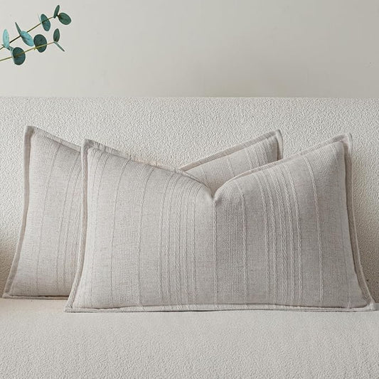 a moment Linen Pillow Covers Set of 2,Boho Farmhouse Throw Pillowcases Neutral Textured Decorative Covers for Couch Sofa Bed,Soft Linen Blend Accent Case Cushion Living Room Home Decor 20"x12"Ivory