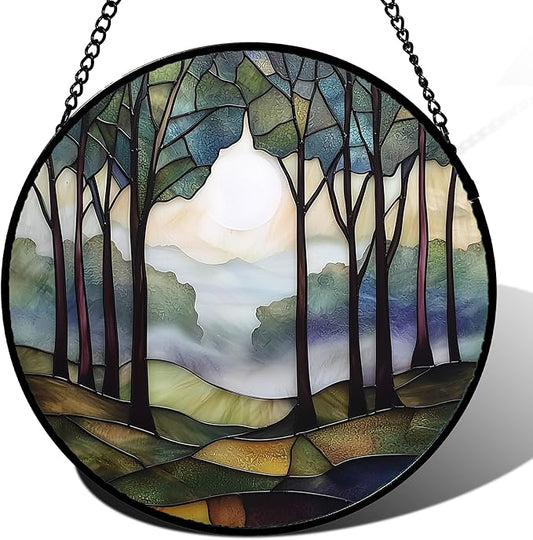 Stained Glass Window Hanging, Green Brown Smoke Forest Moon Suncatcher for Doors Window Home Tree Sun Catchers Decor Mother's Day Birthday Gifts for Women, Men Mom 7.8 in