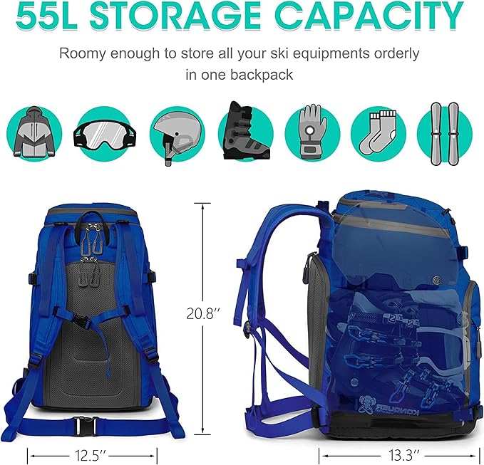Ski Boot Bag, 55L/70L Waterproof Ski and Snowboard Boots Travel Backpack for Skis, Snowboard, Ski Helmet, Goggles, Gloves & Accessories