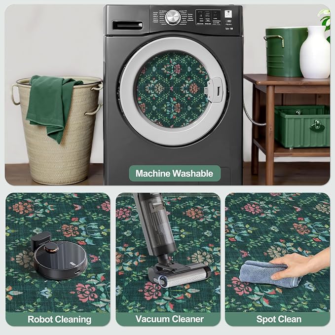 Tangsoo 5x7 Washable Area Rug, Non Slip Green Floral Indoor Rug, Soft Low Pile Floor Carpet for Living Room, Bedroom, Dining Room, Pet & Child Friendly Room Decor, Easy to Clean