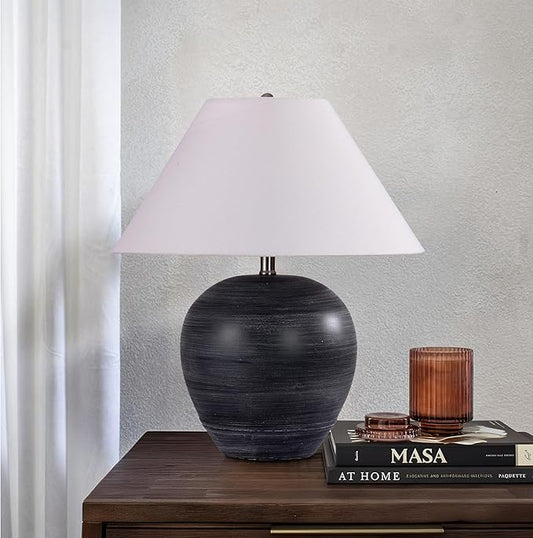 Pia Ricco 21'' Large Gray Base Ceramic Basin Table Lamp for Bedroom, Living Room, Dining Room, Office, White Shade,White Striped Black Base