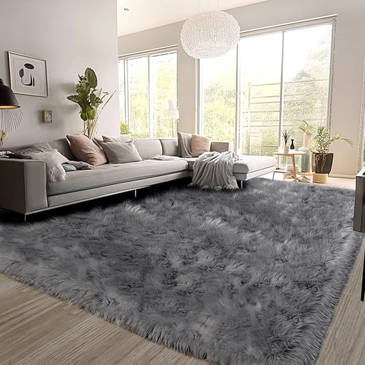 SERISSA Grey Faux Fur Sheepskin Rug 8x10 Feet, Large Fluffy Fuzzy Shaggy Area Rug, Furry Throw Rug for Living Room, Bedroom, Nursery Room Decor (Rectangle, Grey)