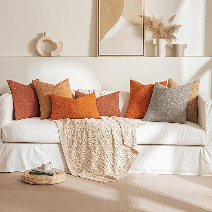 MIULEE 12x20 Inch Decorative Lumbar Throw Pillows for Bed Set of 2 Textured Boucle Neutral Winter Throw Pillow Covers Rust Accent Solid Pillowcases Sofa Livingroom Home Decor