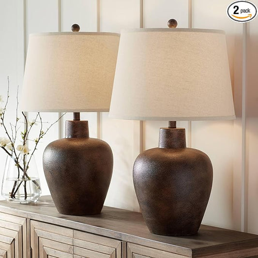 Regency Hill Glenn 27" Tall Urn Farmhouse Rustic Natural Cottage Southwestern Table Lamps Set of 2 WiFi Smart Socket Dark Terra Cotta Finish Living Room Bedroom Bedside Nightstand Fabric Shade