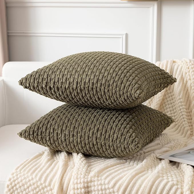 Kevin Textile 2 Packs Olive Green Euro Farmhouse Decorative Throw Pillow Covers 26x26 Inch for Living Room Couch Bed Sofa Rustic Boho Home Decor Soft Striped Corduroy Square Cushion Case 66x66 cm