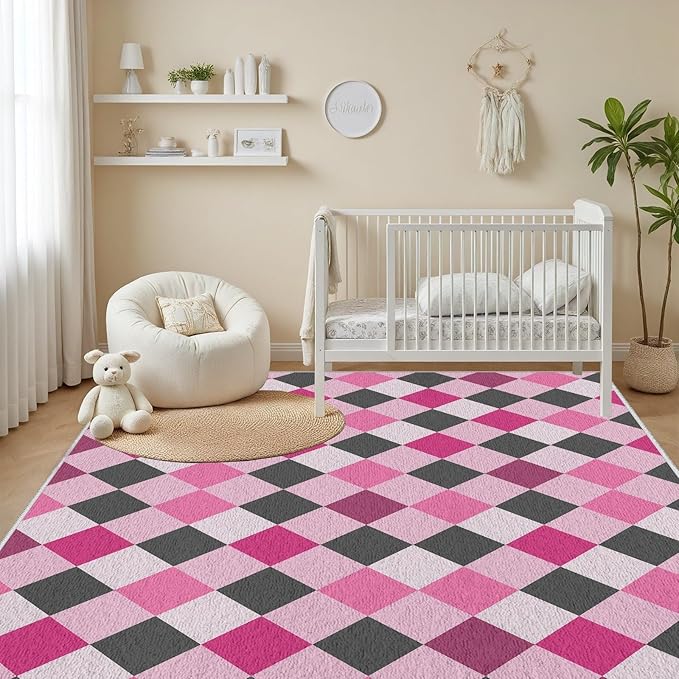 Diamond Checkered Rug 3x4, Soft Ultra Soft Faux Wool Abstract Geometric Rugs, Indoor Floor Mats Carpet, Non Slip&Non-Shedding Low Pile Washable Rugs, Modern Red Rug for Bedroom
