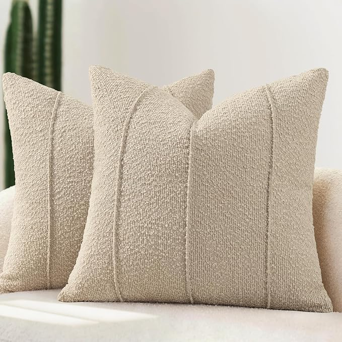YCOLL Textured Boucle Throw Pillow Covers 20x20 Pack of 2 - Soft Neutral Striped Cushion Covers, Cozy Accent Decorative Pillow Covers for Couch, Sofa, Bed, Living Room (Oatmeal)