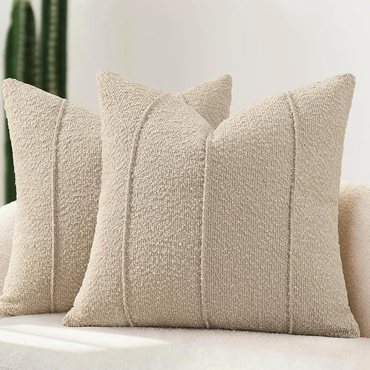 YCOLL Textured Boucle Throw Pillow Covers 22x22 Pack of 2 - Soft Neutral Striped Cushion Covers, Cozy Accent Decorative Pillow Covers for Couch, Sofa, Bed, Living Room (Oatmeal)