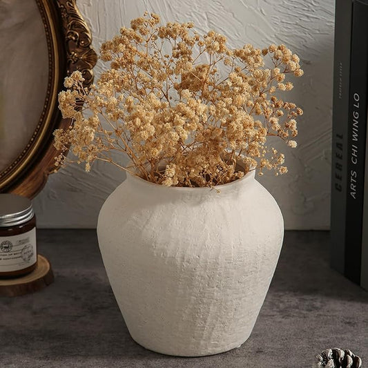 Farmhouse Ceramic Vase - White Rustic Vintage Flower Vase for Home, Living Room, Shelf and Dining Table Decor-6.1IN.