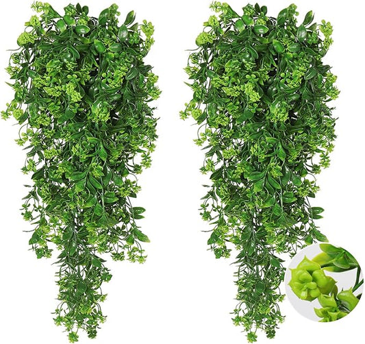 RECUTMS Fake Hanging Plants 2Pcs Outdoor Greenery Artificial Hanging Flower for Outdoors Hanging Basket Artificial Hanging Plants Plastic Home Garden Wedding Party Shelf Aesthetic Decorations(Green)