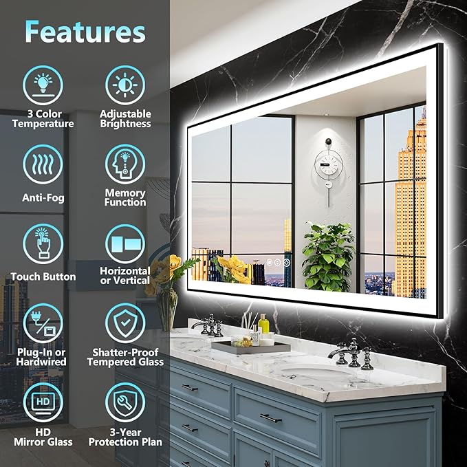 84x40 Black Framed LED Bathroom Mirror with Lights, Backlit and Front Lit, Anti-Fog Lighted Vanity Mirrors for Bathroom Wall, Dimmable, 3-Color Light, Memory, Shatter-Proof, HD Tempered Glass