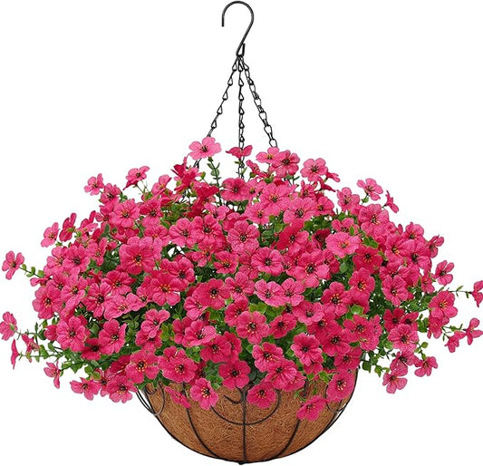Artificial Fake Hanging Plants Flowers Basket Outdoors Outside Summer Decoration,Hanging Planters with Faux Silk Flowers Realistic UV Resistant for Home Indoor Porch Front Patio Balcony Garden Fuchsia